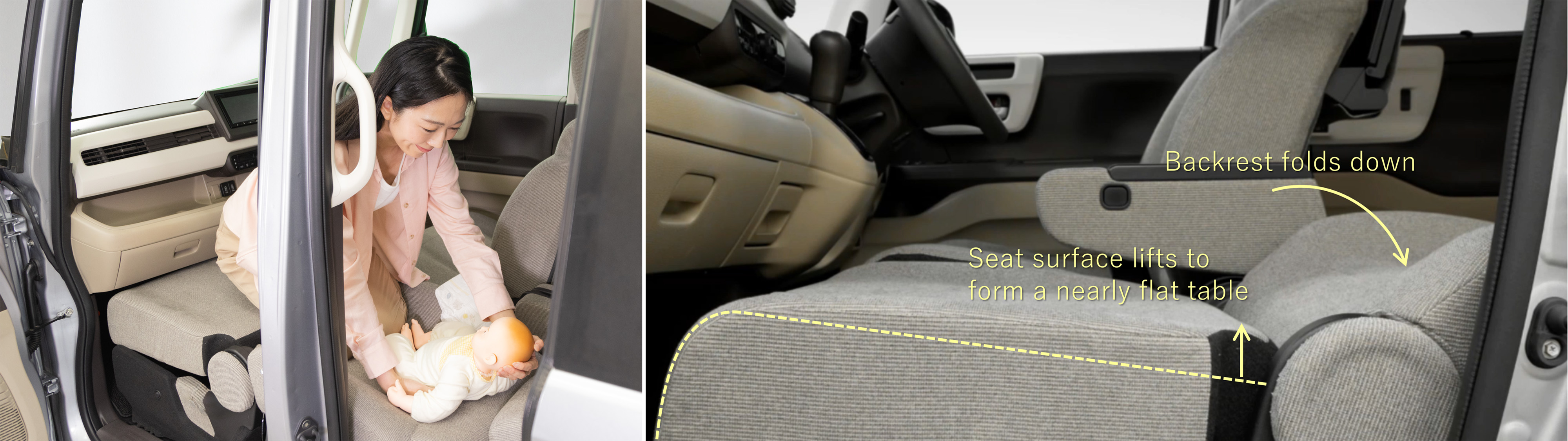Seat arrangement that allows diaper changing with a front-passenger seat step-relief mechanism